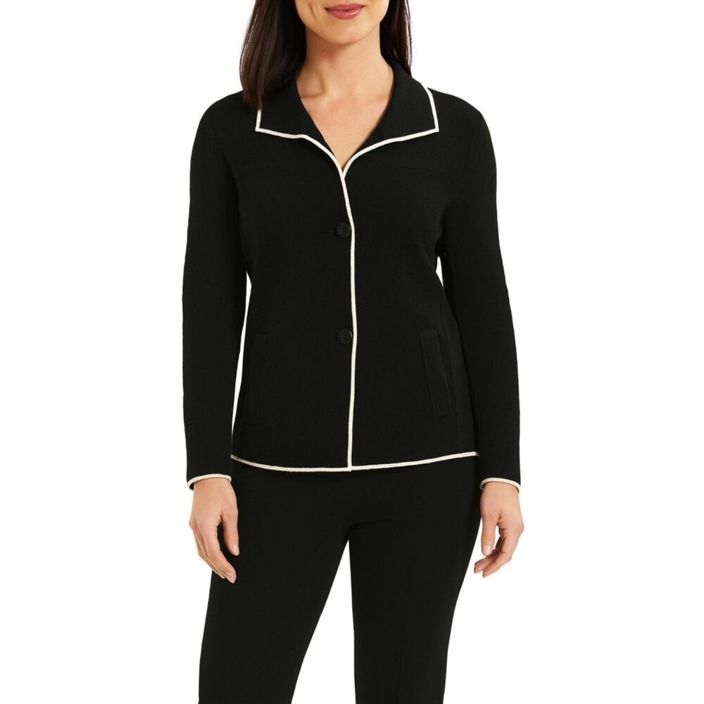Talbots Women's Black Ivory Trim Collared Button Front Sweater Blazer Size MP